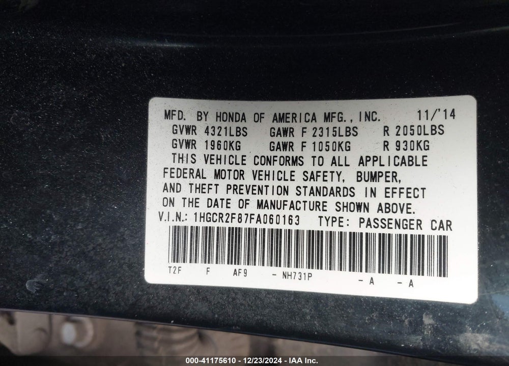 2015 HONDA ACCORD EX-L VIN: 1HGCR2F87FA060163