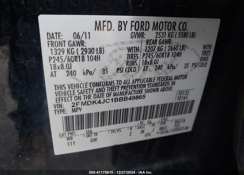 2011 FORD EDGE SEL VIN: 2FMDK4JC1BBB49865
