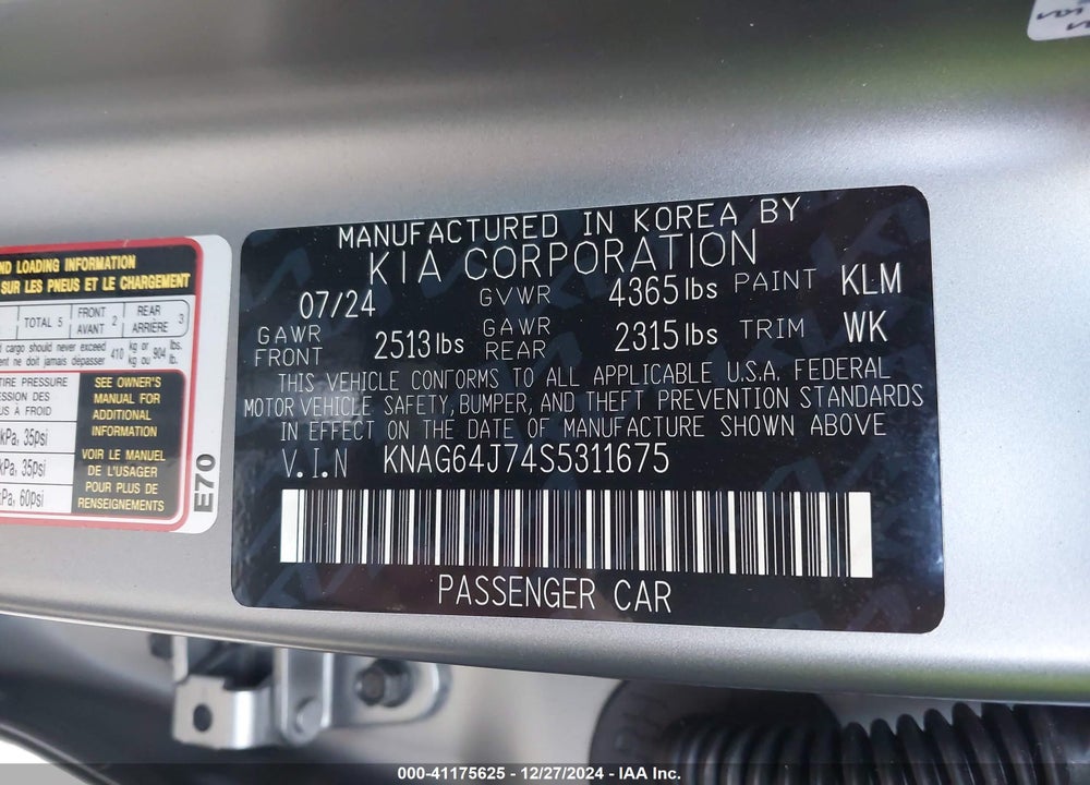 2025 KIA K5 GT LINE VIN: KNAG64J74S5311675