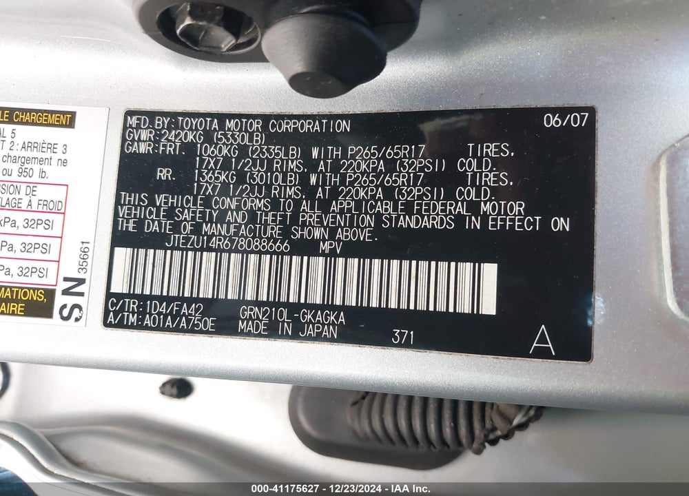2007 TOYOTA 4RUNNER SR5 V6 VIN: JTEZU14R678088666