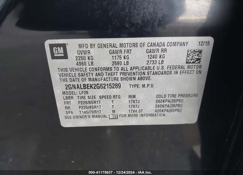 2016 CHEVROLET EQUINOX VIN: 2GNALBEK2G6215289