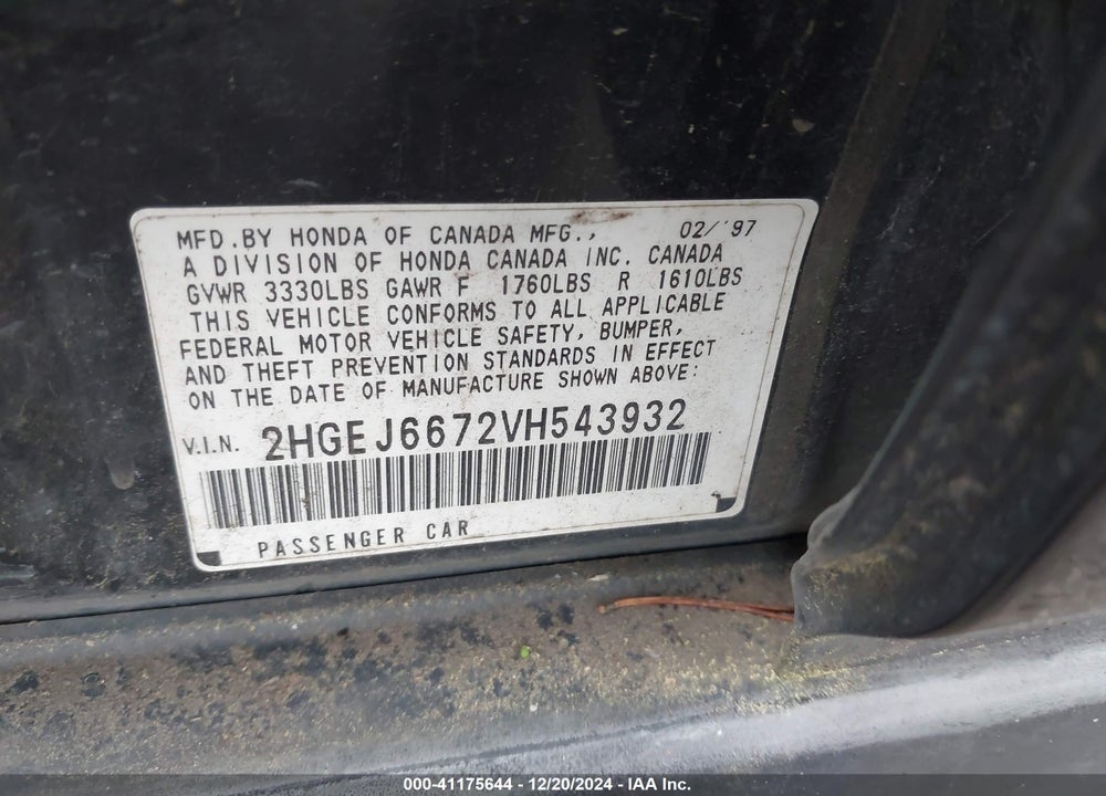 1997 HONDA CIVIC LX VIN: 2HGEJ6672VH543932