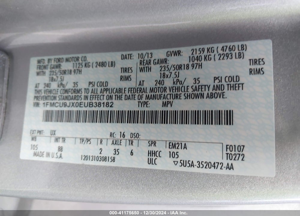 2014 FORD ESCAPE TITANIUM VIN: 1FMCU9JX0EUB38182
