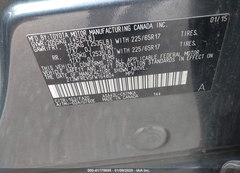 2015 TOYOTA RAV4 XLE VIN: 2T3WFREV5FW164804
