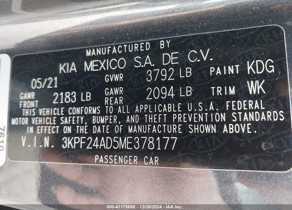 2021 KIA FORTE VIN: 3KPF24AD5ME378177