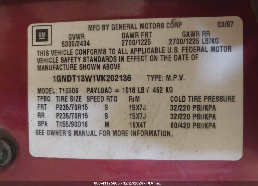 1997 CHEVROLET BLAZER LS VIN: 1GNDT13W1VK202136