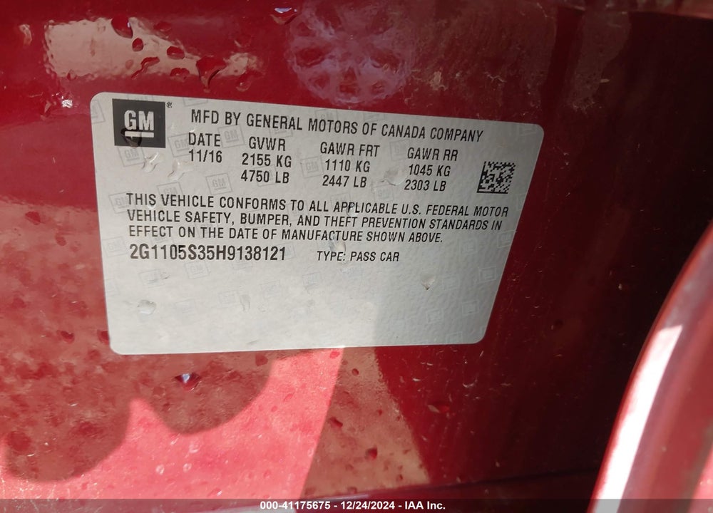 2017 CHEVROLET IMPALA VIN: 2G1105S35H9138121