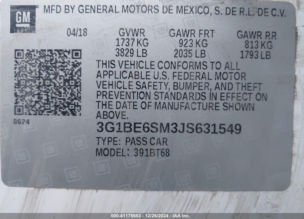 2018 CHEVROLET CRUZE LT AUTO VIN: 3G1BE6SM3JS631549