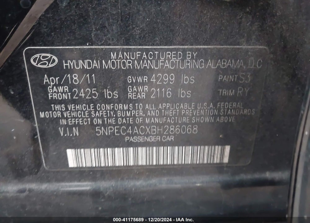 2011 HYUNDAI SONATA LIMITED VIN: 5NPEC4ACXBH286068