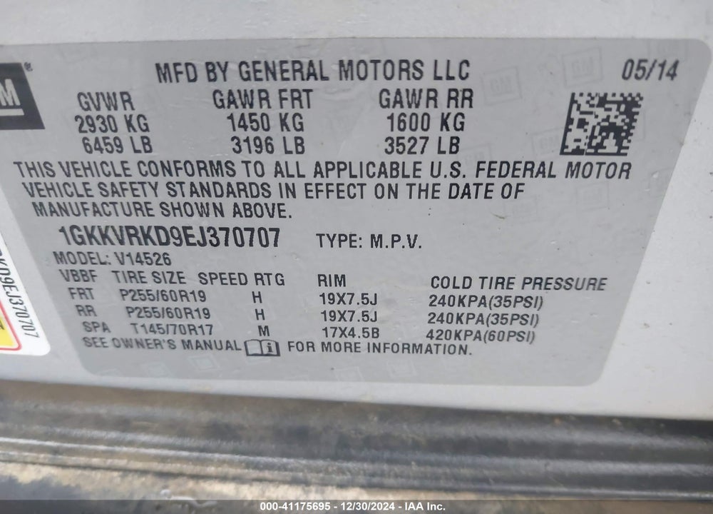 2014 GMC ACADIA SLT-1 VIN: 1GKKVRKD9EJ370707