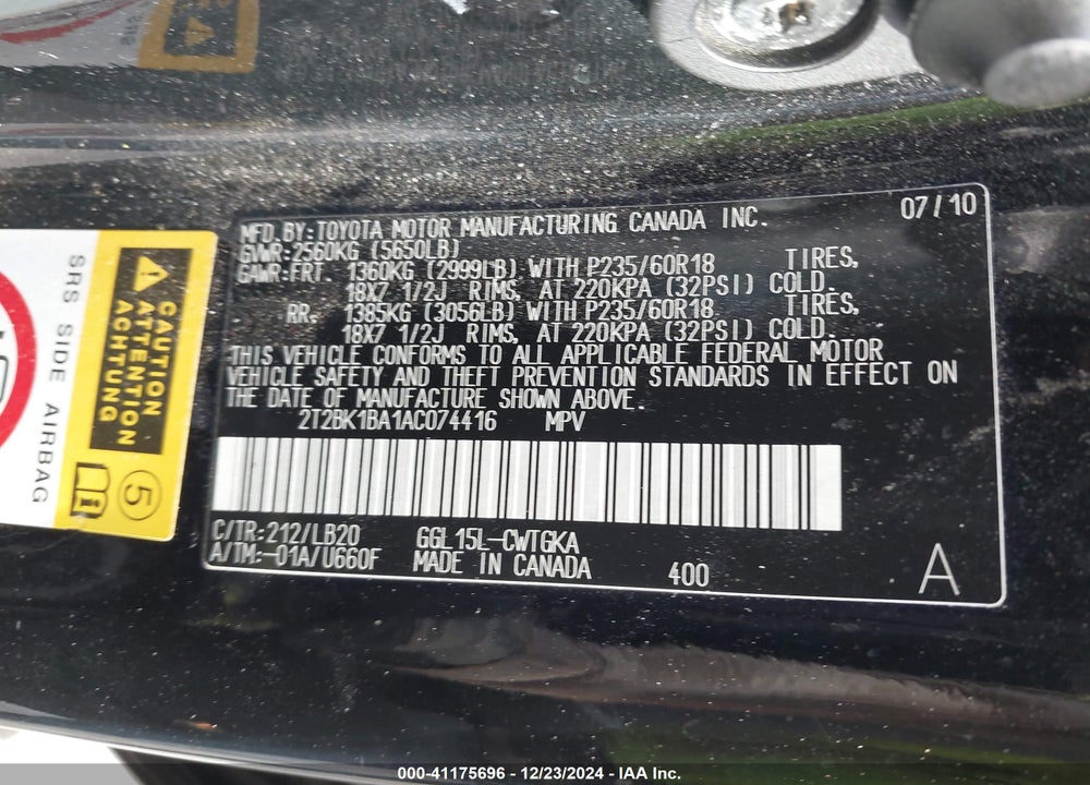 2010 LEXUS RX 350 BASE (A6) VIN: 2T2BK1BA1AC074416