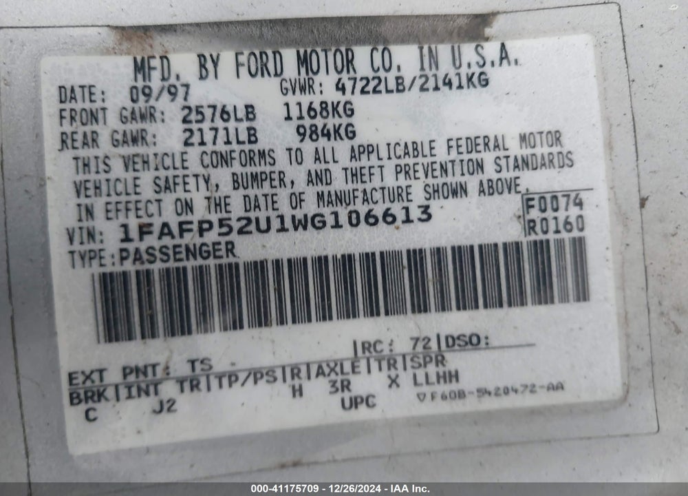 1998 FORD TAURUS LX/SE VIN: 1FAFP52U1WG106613