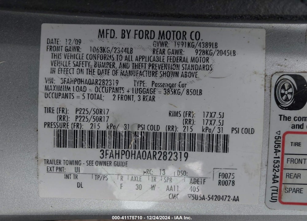 2010 FORD FUSION SE VIN: 3FAHP0HA0AR282319