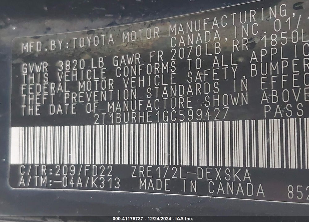 2016 TOYOTA COROLLA S PLUS VIN: 2T1BURHE1GC599427