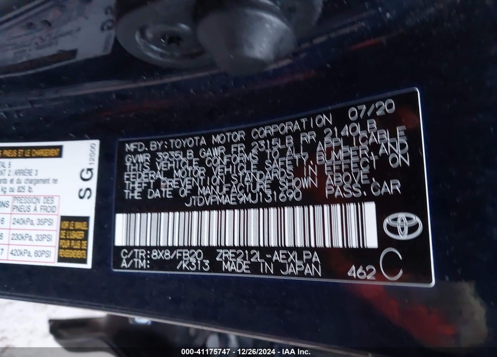 2021 TOYOTA COROLLA LE VIN: JTDVPMAE9MJ131690
