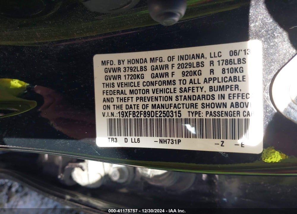 2013 HONDA CIVIC VIN: 19XFB2F89DE250315