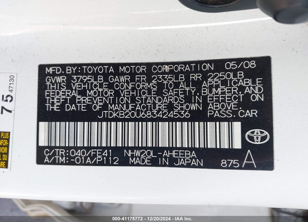 2008 TOYOTA PRIUS VIN: JTDKB20U683424536