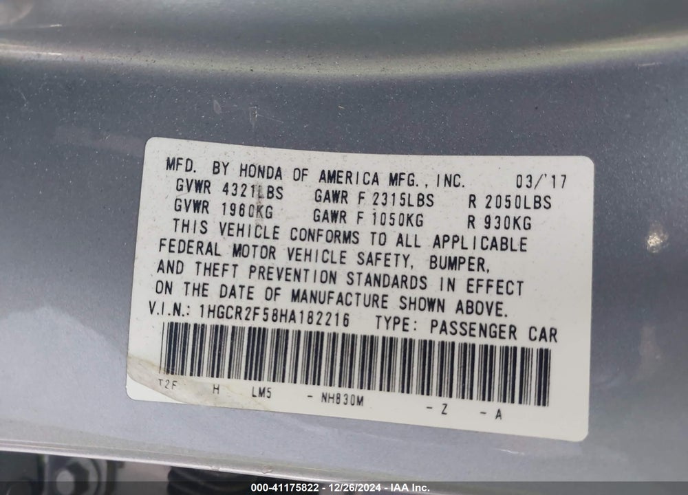 2017 HONDA ACCORD SPORT VIN: 1HGCR2F58HA182216