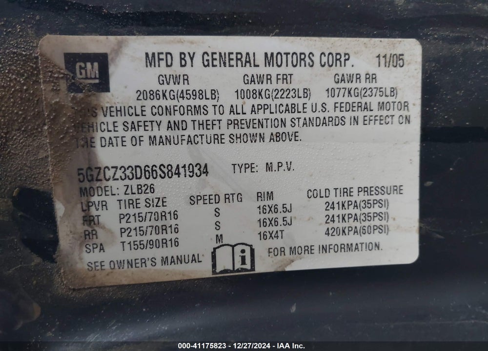 2006 SATURN VUE 4 CYL VIN: 5GZCZ33D66S841934