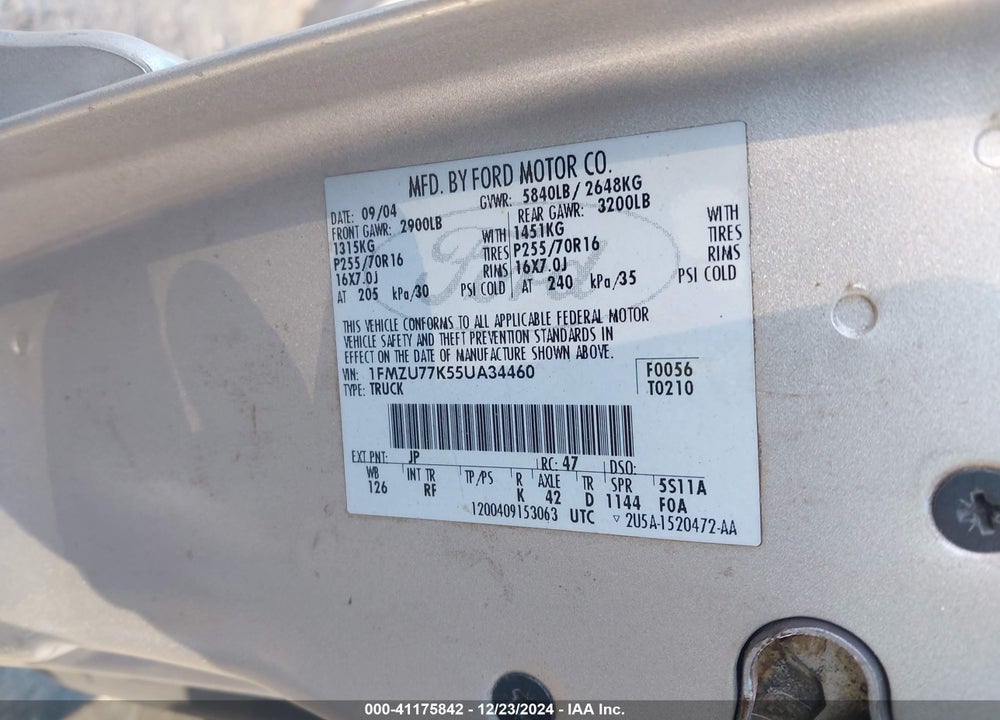 2005 FORD EXPLORER SPORT TRAC ADRENALIN/XLS/XLT VIN: 1FMZU77K55UA34460
