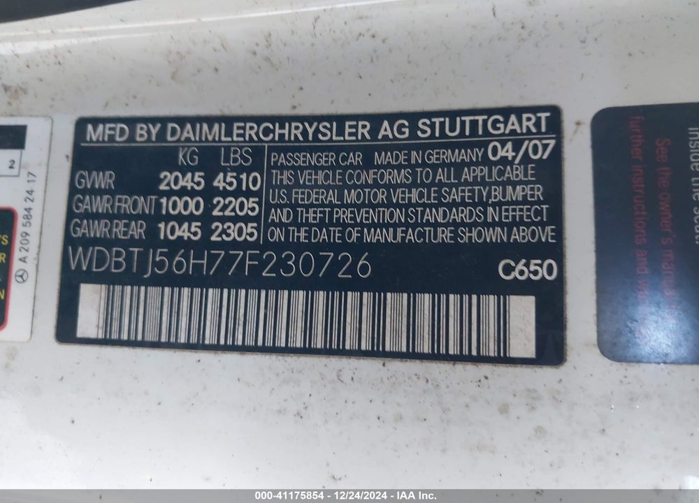 2007 MERCEDES-BENZ CLK 350 VIN: WDBTJ56H77F230726