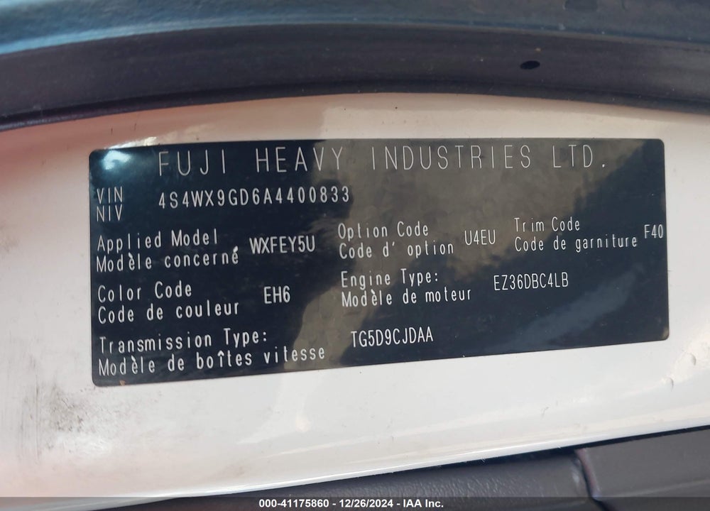 2010 SUBARU TRIBECA VIN: 4S4WX9GD6A4400833