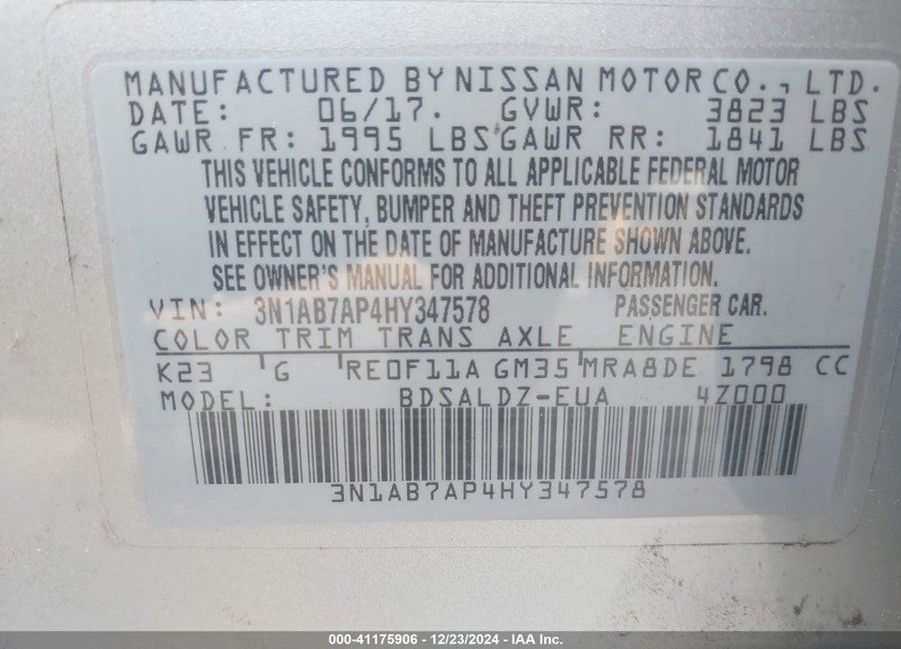 2017 NISSAN SENTRA SV VIN: 3N1AB7AP4HY347578