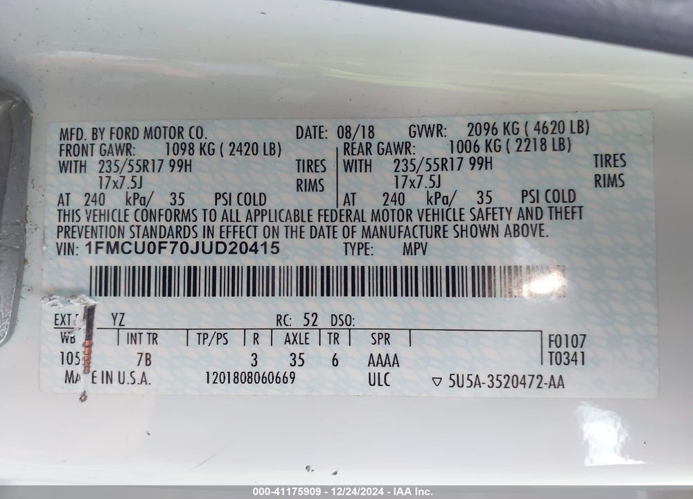 2018 FORD ESCAPE S VIN: 1FMCU0F70JUD20415