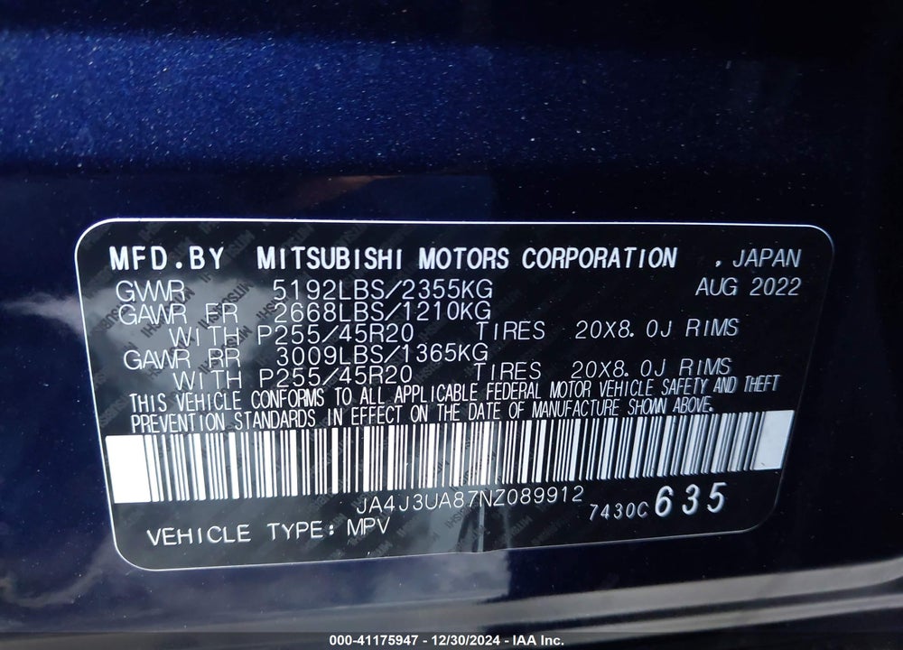 2022 MITSUBISHI OUTLANDER BLACK EDITION 2WD/SE 2.5 2WD/SE LAUNCH EDITION 2WD VIN: JA4J3UA87NZ089912