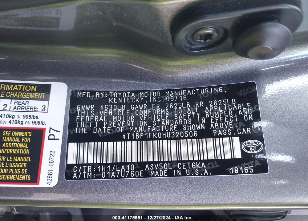 2017 TOYOTA CAMRY XLE VIN: 4T1BF1FK0HU320506
