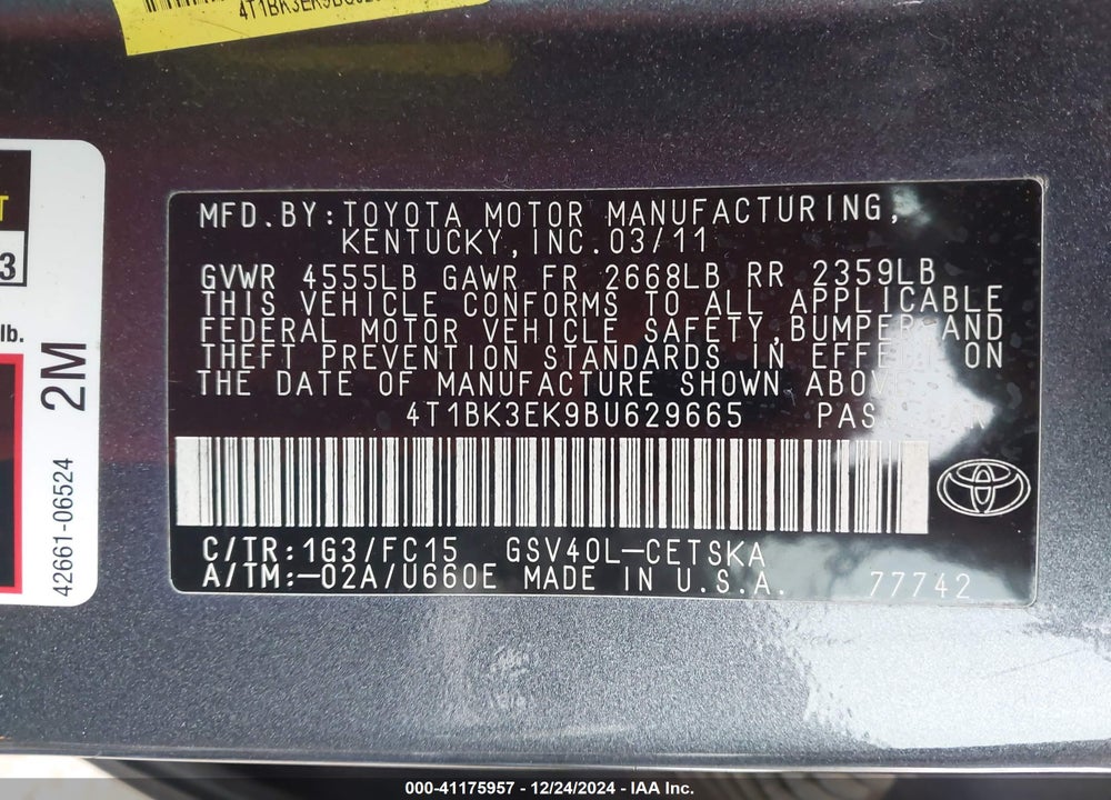 2011 TOYOTA CAMRY SE V6 VIN: 4T1BK3EK9BU629665