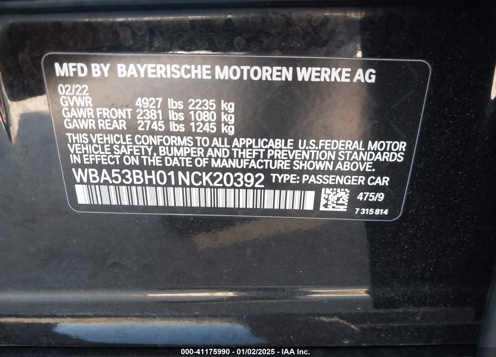 2022 BMW 530 VIN: WBA53BH01NCK20392
