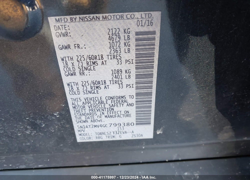 2016 NISSAN ROGUE SL VIN: 5N1AT2MV4GC799380