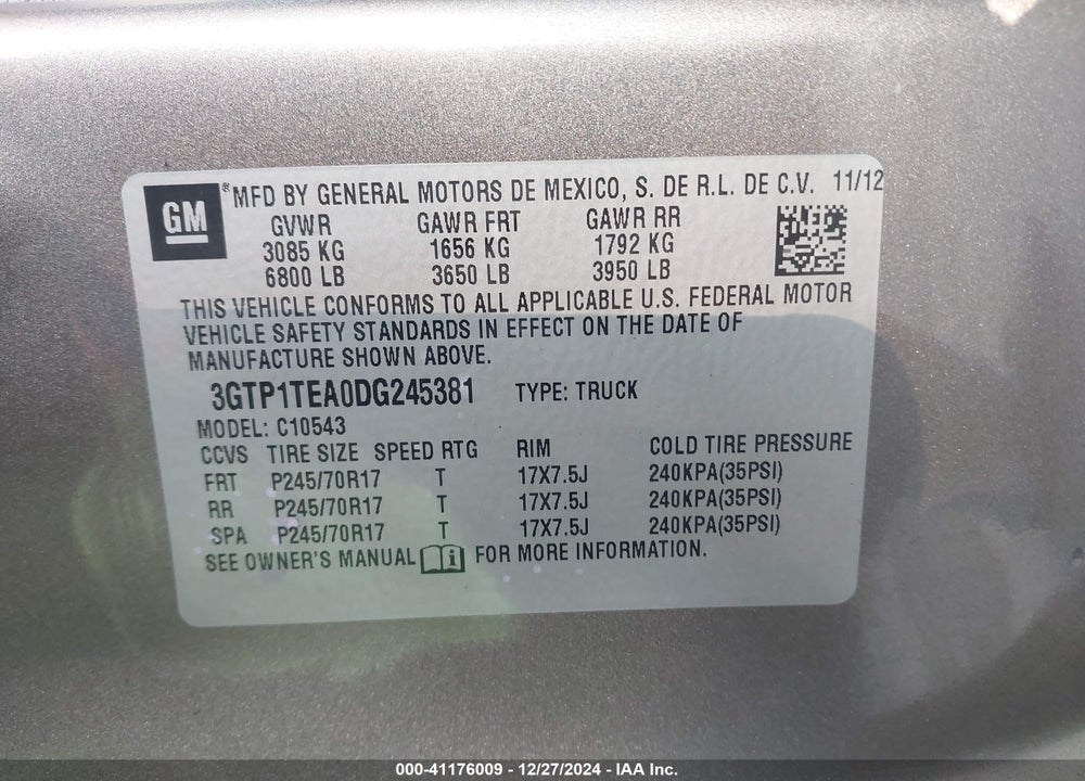 2013 GMC SIERRA 1500 VIN: 3GTP1TEA0DG245381