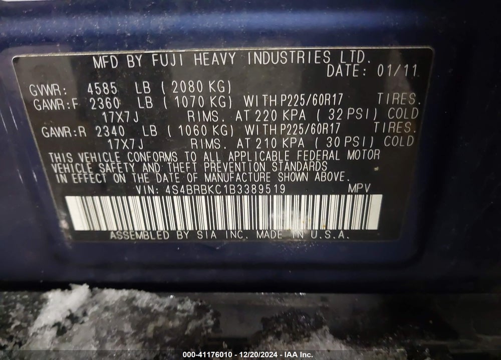 2011 SUBARU OUTBACK 2.5I LIMITED VIN: 4S4BRBKC1B3389519