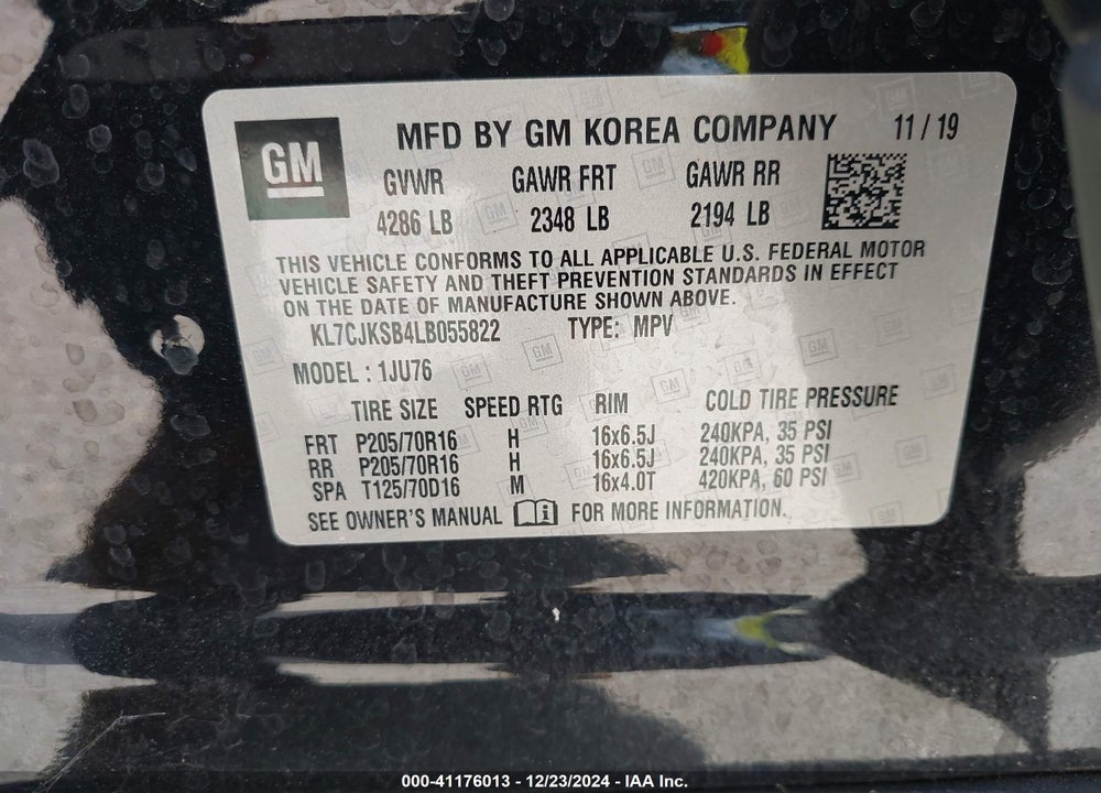 2020 CHEVROLET TRAX VIN: KL7CJKSB4LB055822