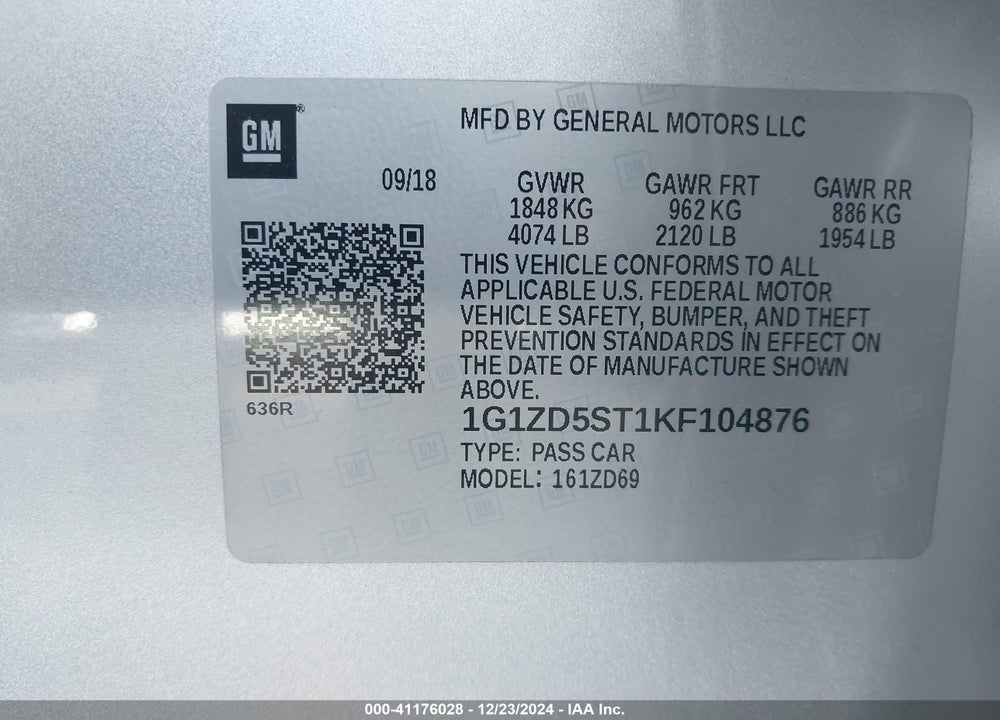 2019 CHEVROLET MALIBU LT VIN: 1G1ZD5ST1KF104876