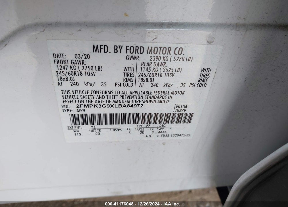 2020 FORD EDGE SE VIN: 2FMPK3G9XLBA84972