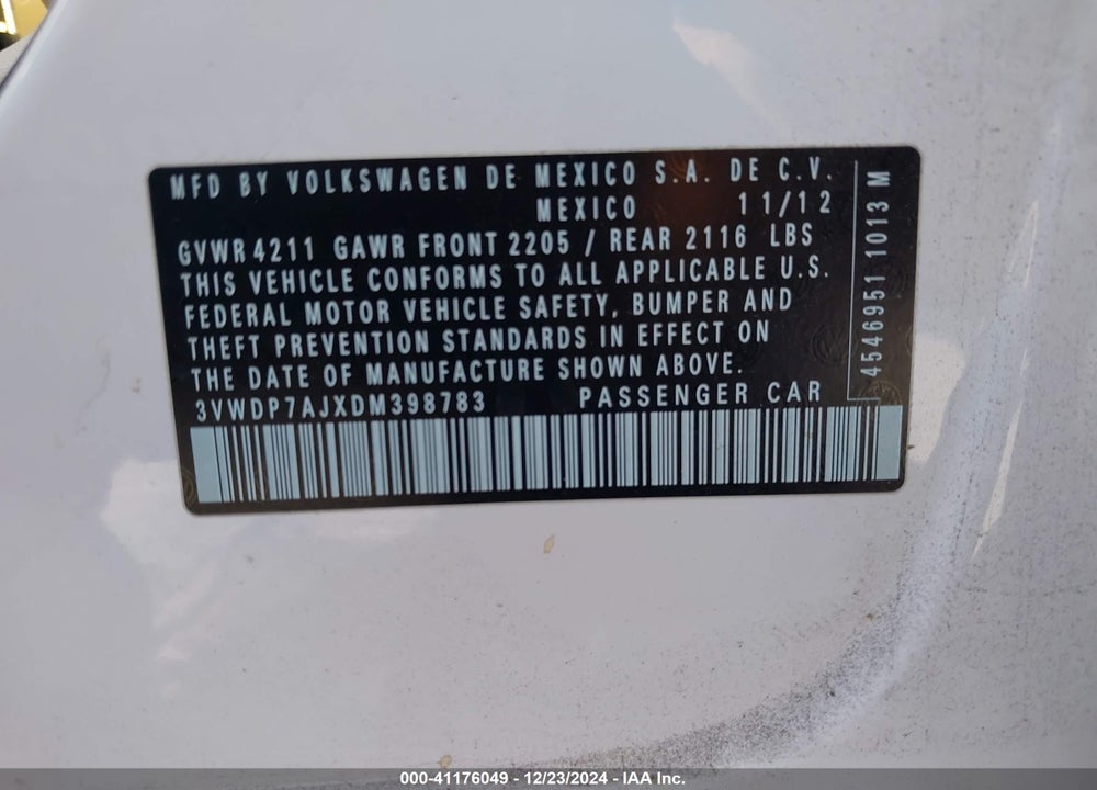 2013 VOLKSWAGEN JETTA VIN: 3VWDP7AJXDM398783