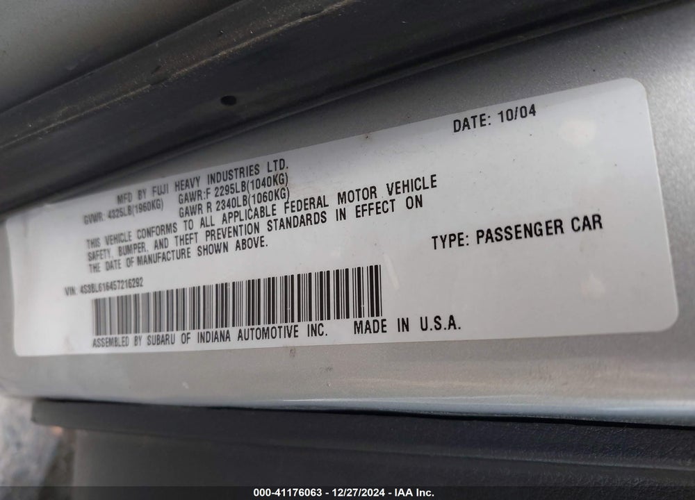 2005 SUBARU LEGACY 2.5I VIN: 4S3BL616457216292
