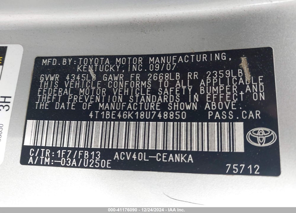 2008 TOYOTA CAMRY LE VIN: 4T1BE46K18U748850
