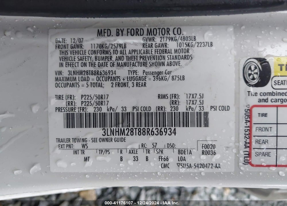 2008 LINCOLN MKZ VIN: 3LNHM28T88R636934