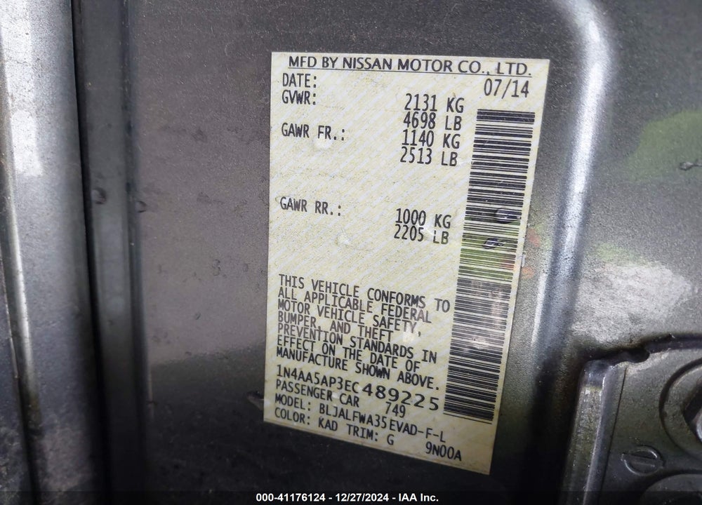 2014 NISSAN MAXIMA 3.5 SV VIN: 1N4AA5AP3EC489225