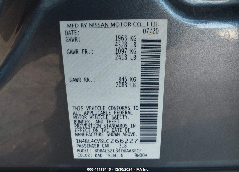 2020 NISSAN ALTIMA SR FWD VIN: 1N4BL4CV8LC266227