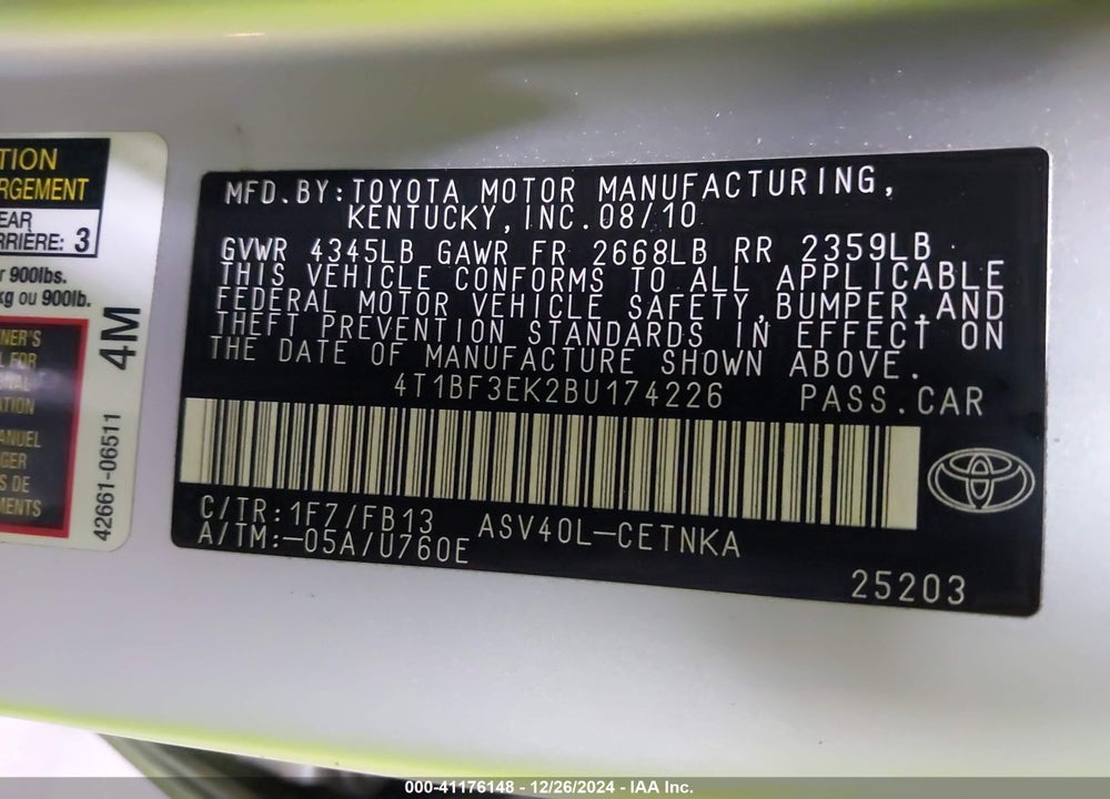 2011 TOYOTA CAMRY LE VIN: 4T1BF3EK2BU174226