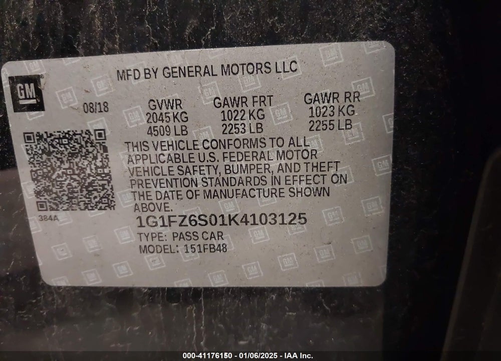 2019 CHEVROLET BOLT EV PREMIER VIN: 1G1FZ6S01K4103125