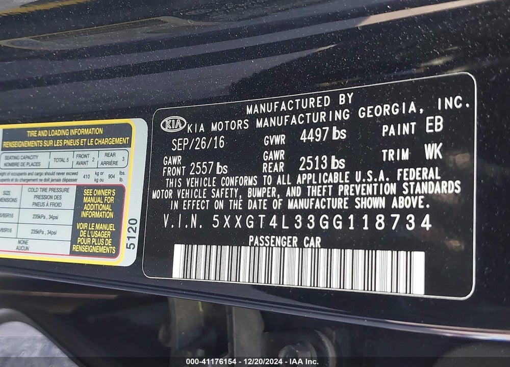 2016 KIA OPTIMA VIN: 5XXGT4L33GG118734