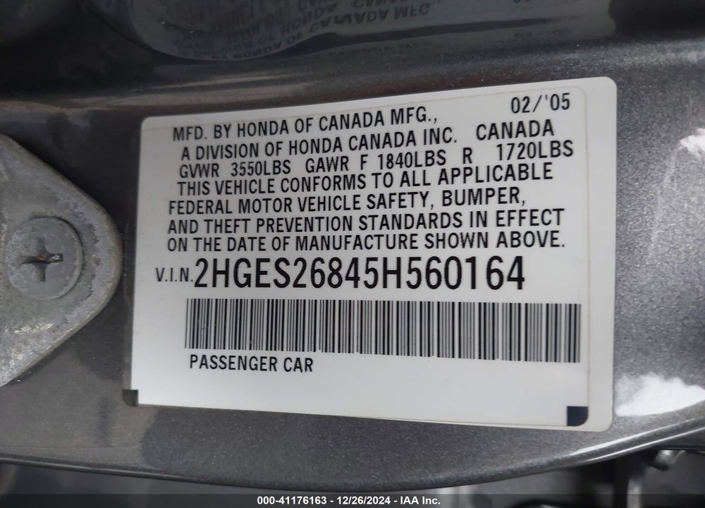 2005 HONDA CIVIC EX VIN: 2HGES26845H560164