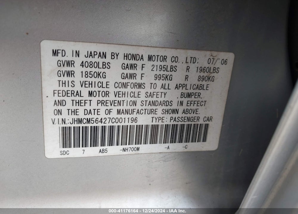 2007 HONDA ACCORD 2.4 LX VIN: JHMCM56427C001196