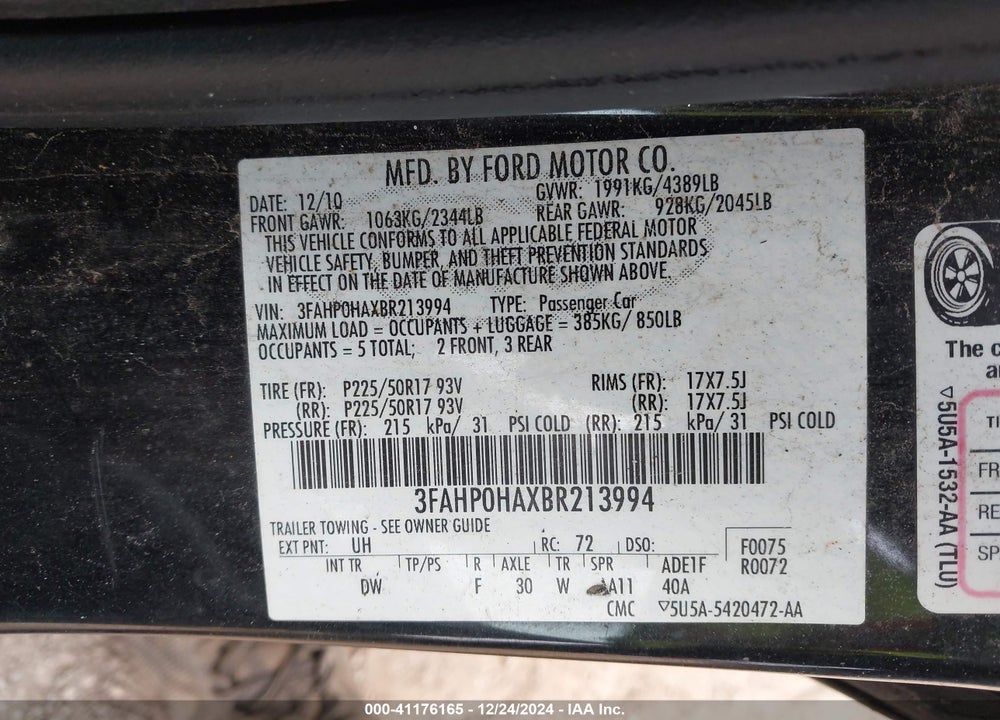 2011 FORD FUSION SE VIN: 3FAHP0HAXBR213994